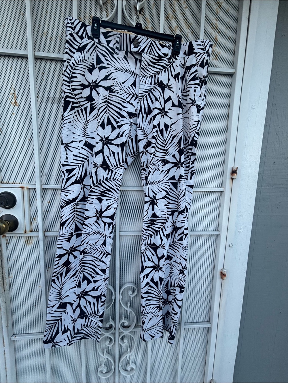 Womens Palm Print Pants 38x34 Straight Leg Cotton Stretch Lightweight blk/white